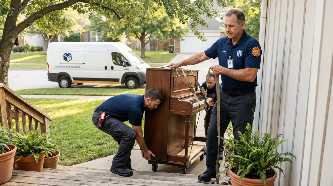 Licensed piano movers securing grand piano in Sahuarita, AZ