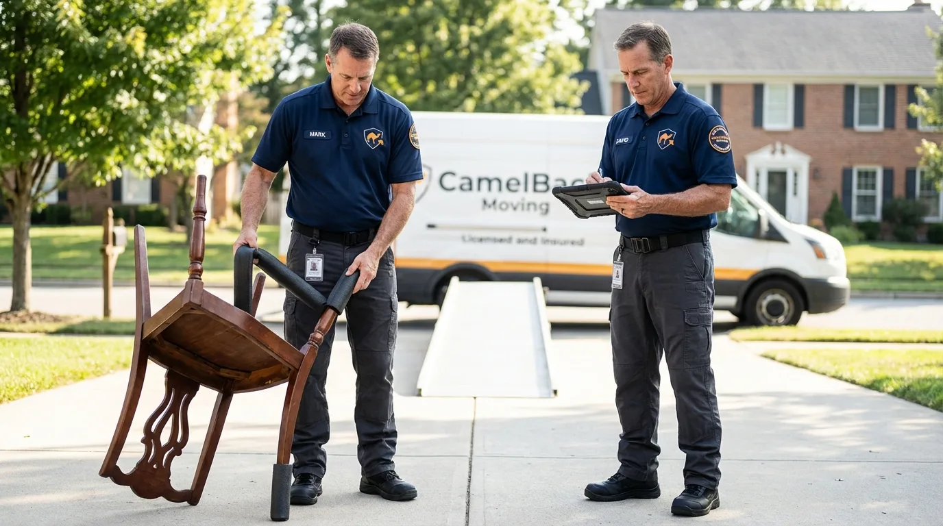 Movers inspecting furniture for damage prevention before loading in Sahuarita, AZ
