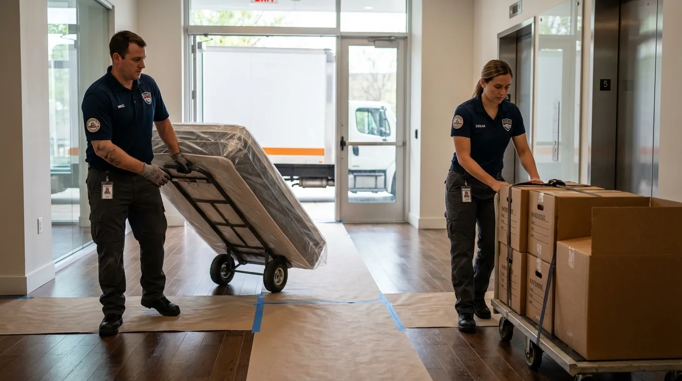 Professional apartment movers loading elevator in Sahuarita, AZ